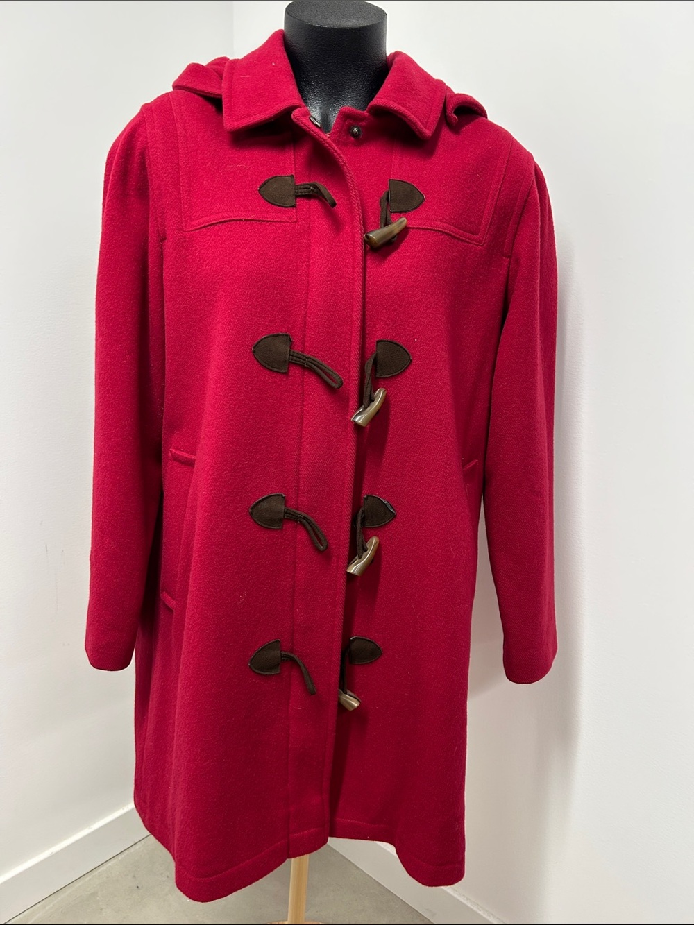 Talbots Petites Red 100% Wool Hooded Duffle Toggle Coat Jacket 14P